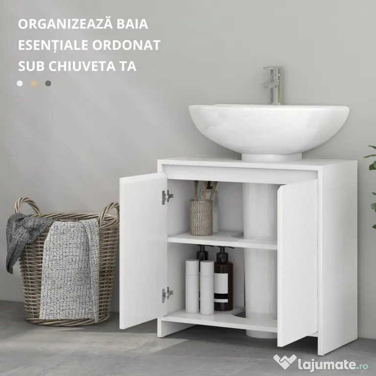 HOMCOM Mobilier Sub Chiuvetă pentru Baie cu 2 Uși, Dulap de Baie cu Decupaj în U pentru Țevi, 60x30x60 cm, Alb | Aosom Romania