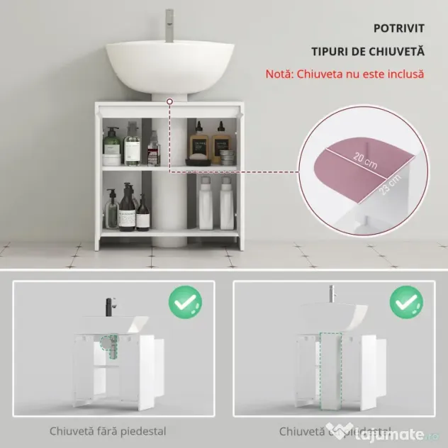 HOMCOM Mobilier Sub Chiuvetă pentru Baie cu 2 Uși, Dulap de Baie cu Decupaj în U pentru Țevi, 60x30x60 cm, Alb | Aosom Romania