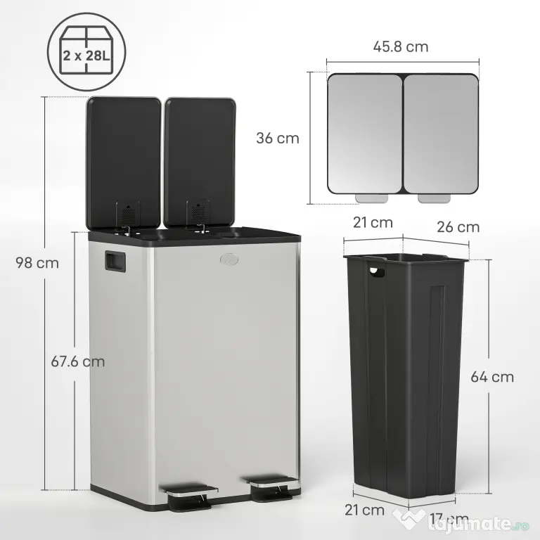 HOMCOM Coș de Gunoi 2 x 20L cu Pedală, din Oțel, pentru Bucătărie, cu Capac cu Închidere Ușoară, Recipiente Interioare Detașabile, Rezistent la Urmele de Degete, Argintiu