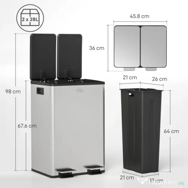 HOMCOM Coș de Gunoi 2 x 20L cu Pedală, din Oțel, pentru Bucătărie, cu Capac cu Închidere Ușoară, Recipiente Interioare Detașabile, Rezistent la Urmele de Degete, Argintiu