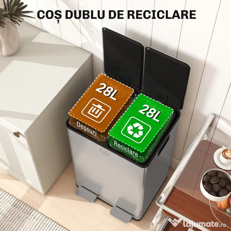 HOMCOM Coș de Gunoi 2 x 20L cu Pedală, din Oțel, pentru Bucătărie, cu Capac cu Închidere Ușoară, Recipiente Interioare Detașabile, Rezistent la Urmele de Degete, Argintiu