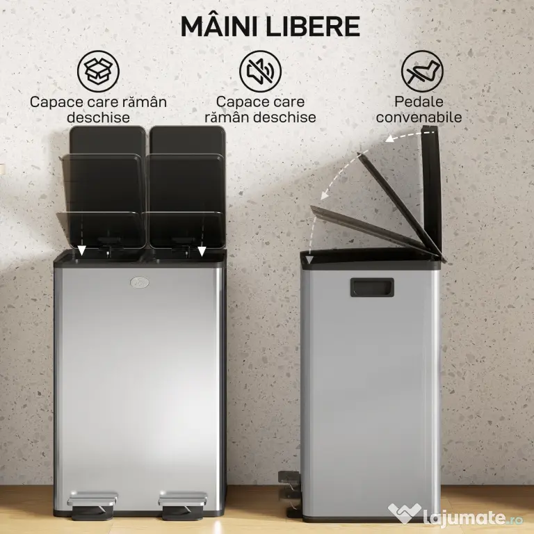 HOMCOM Coș de Gunoi 2 x 20L cu Pedală, din Oțel, pentru Bucătărie, cu Capac cu Închidere Ușoară, Recipiente Interioare Detașabile, Rezistent la Urmele de Degete, Argintiu