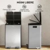 HOMCOM Coș de Gunoi 2 x 20L cu Pedală, din Oțel, pentru Bucătărie, cu Capac cu Închidere Ușoară, Recipiente Interioare Detașabile, Rezistent la Urmele de Degete, Argintiu 