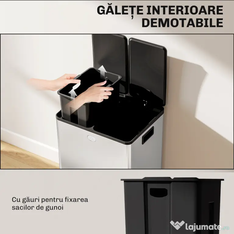 HOMCOM Coș de Gunoi 2 x 20L cu Pedală, din Oțel, pentru Bucătărie, cu Capac cu Închidere Ușoară, Recipiente Interioare Detașabile, Rezistent la Urmele de Degete, Argintiu