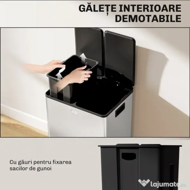 HOMCOM Coș de Gunoi 2 x 20L cu Pedală, din Oțel, pentru Bucătărie, cu Capac cu Închidere Ușoară, Recipiente Interioare Detașabile, Rezistent la Urmele de Degete, Argintiu