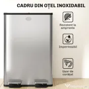 HOMCOM Coș de Gunoi 2 x 20L cu Pedală, din Oțel, pentru Bucătărie, cu Capac cu Închidere Ușoară, Recipiente Interioare Detașabile, Rezistent la Urmele de Degete, Argintiu 