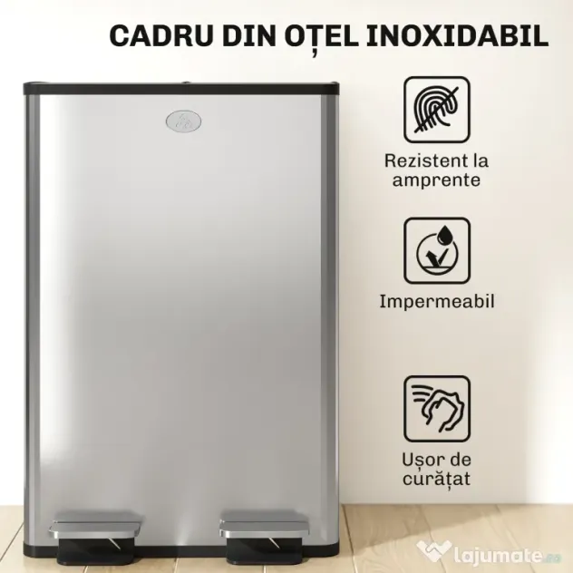 HOMCOM Coș de Gunoi cu Pedală, 2 x 20L, din Oțel, cu Capace Silențioase și Găleți Interioare Detașabile, Argintiu | Aosom Romania