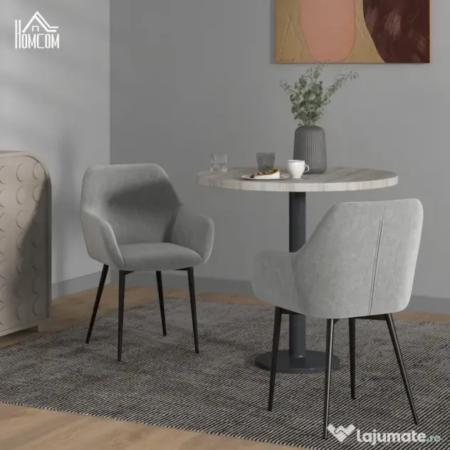 HOMCOM Set 2 Scaune de Dining Tapițate cu Brațe și Picioare din Oțel pentru Sufragerie, 54x57x80 cm, Gri Închis | Aosom Romania