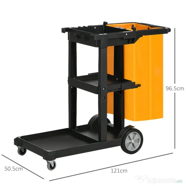 HOMCOM Cărucior de Curățenie Profesional cu 3 Rafturi, Cârlige pentru Mătură și Sac de 100L, Dimensiuni 121x50,5x96,5 cm, Negru | Aosom Romania