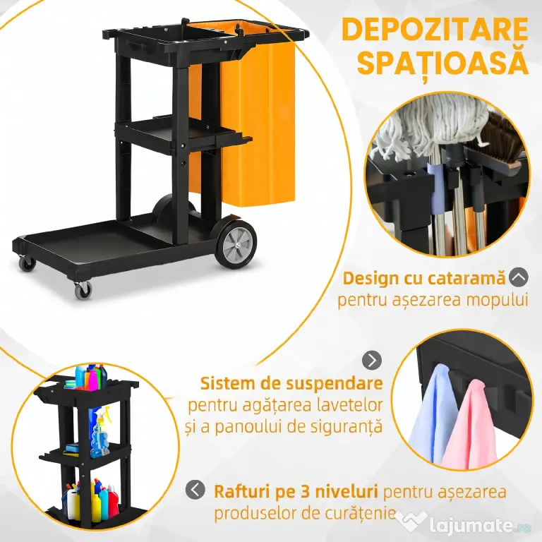 HOMCOM Cărucior de Curățenie Profesional cu 3 Rafturi, Cârlige pentru Mătură și Sac de 100L, Dimensiuni 121x50,5x96,5 cm, Negru | Aosom Romania