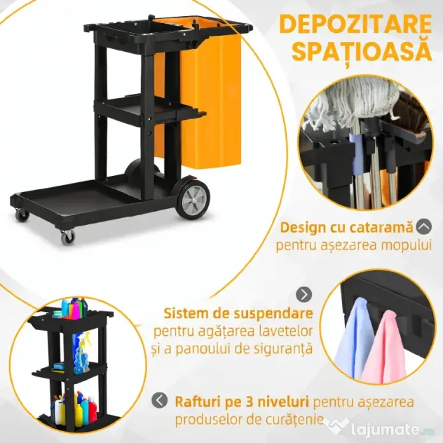 HOMCOM Cărucior de Curățenie Profesional cu 3 Rafturi, Cârlige pentru Mătură și Sac de 100L, Dimensiuni 121x50,5x96,5 cm, Negru | Aosom Romania