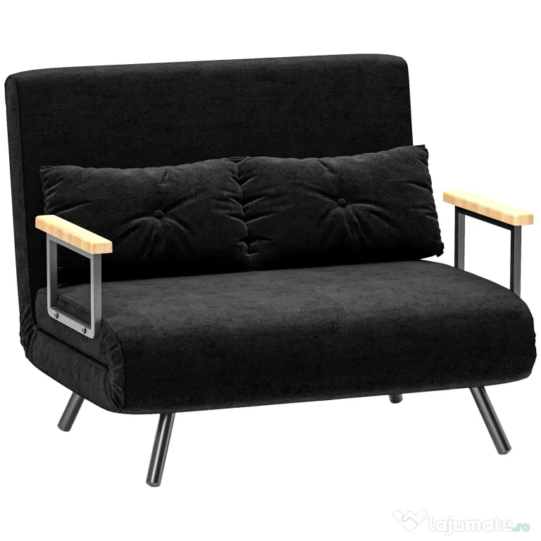 HOMCOM Canapea Pat de 2 Locuri cu Spătar Reglabil pe 5 Nivele și 2 Perne din Material Capitonat, 102x73x81 cm, Negru | Aosom Romania