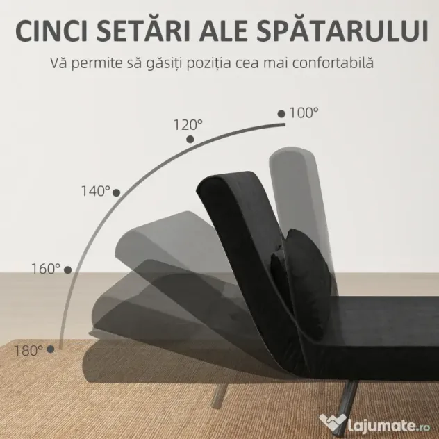 HOMCOM Canapea Pat de 2 Locuri cu Spătar Reglabil pe 5 Nivele și 2 Perne din Material Capitonat, 102x73x81 cm, Negru | Aosom Romania