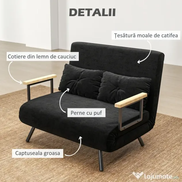 HOMCOM Canapea Pat de 2 Locuri cu Spătar Reglabil pe 5 Nivele și 2 Perne din Material Capitonat, 102x73x81 cm, Negru | Aosom Romania