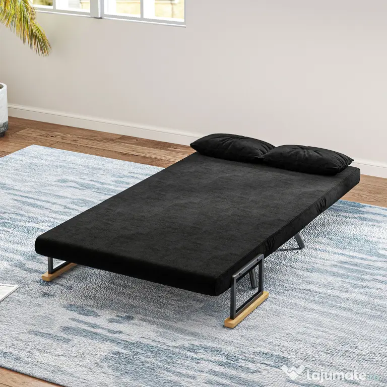 HOMCOM Canapea Pat de 2 Locuri cu Spătar Reglabil pe 5 Nivele și 2 Perne din Material Capitonat, 102x73x81 cm, Negru | Aosom Romania