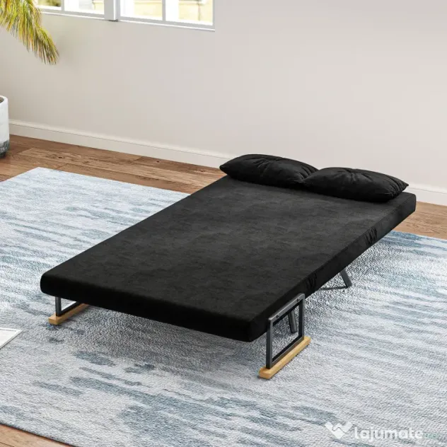 HOMCOM Canapea Pat de 2 Locuri cu Spătar Reglabil pe 5 Nivele și 2 Perne din Material Capitonat, 102x73x81 cm, Negru | Aosom Romania