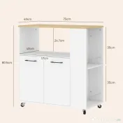 HOMCOM Cărucior de Bucătărie cu Raft Deschis, Dulăpior cu 2 Uși și Raft Lateral pe 2 Niveluri, 75x40x80,5 cm, Alb | Aosom Romania