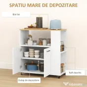 HOMCOM Cărucior de Bucătărie cu Raft Deschis, Dulăpior cu 2 Uși și Raft Lateral pe 2 Niveluri, 75x40x80,5 cm, Alb | Aosom Romania
