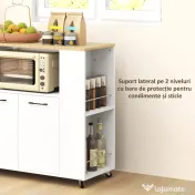 HOMCOM Cărucior de Bucătărie cu Raft Deschis, Dulăpior cu 2 Uși și Raft Lateral pe 2 Niveluri, 75x40x80,5 cm, Alb | Aosom Romania