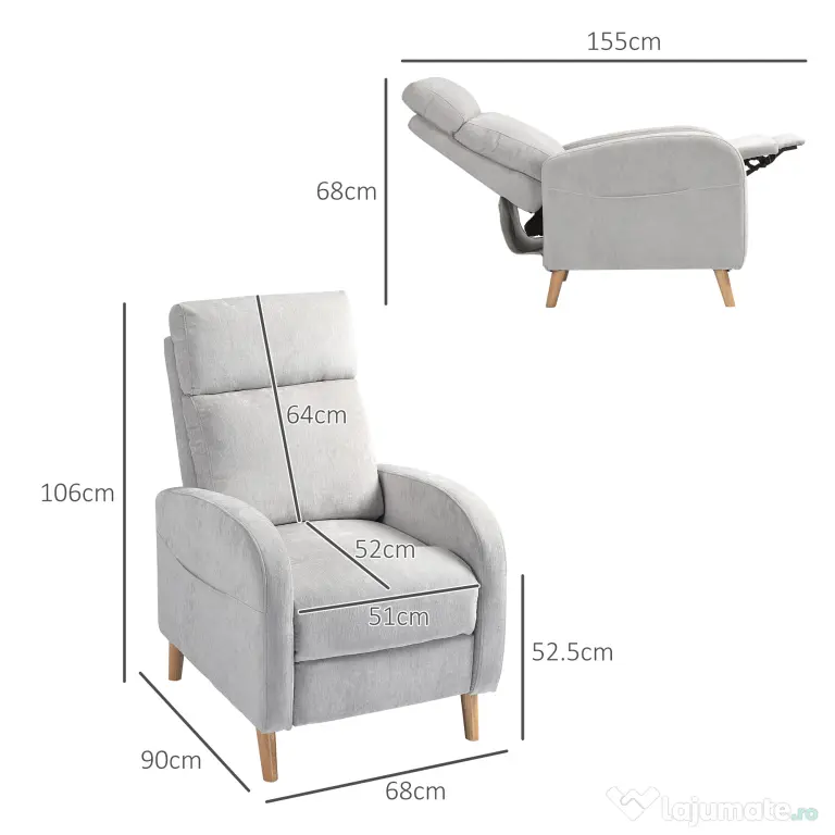 HOMCOM Fotoliu Reglabil Manual cu Suport pentru Picioare, Brațe Curbate și Picioare din Lemn, 68x90x106 cm, Gri Deschis | Aosom Romania