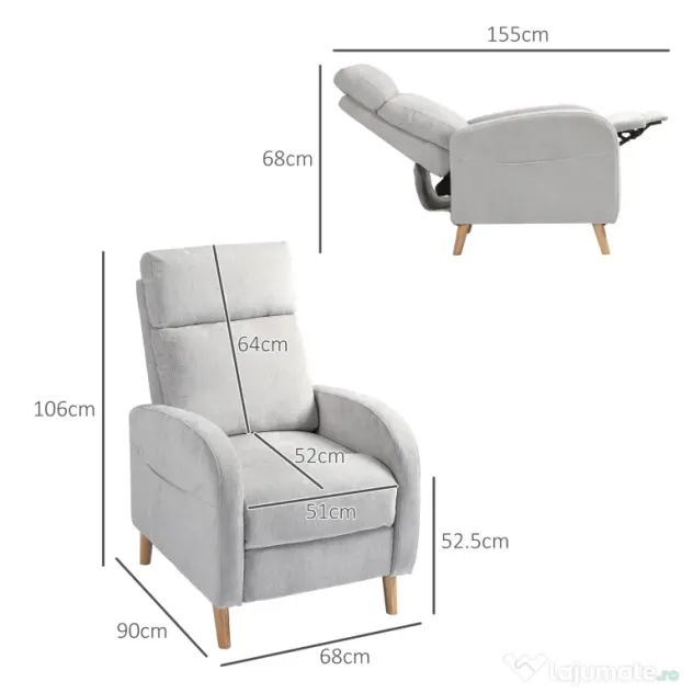 HOMCOM Fotoliu Reglabil Manual cu Suport pentru Picioare, Brațe Curbate și Picioare din Lemn, 68x90x106 cm, Gri Deschis | Aosom Romania