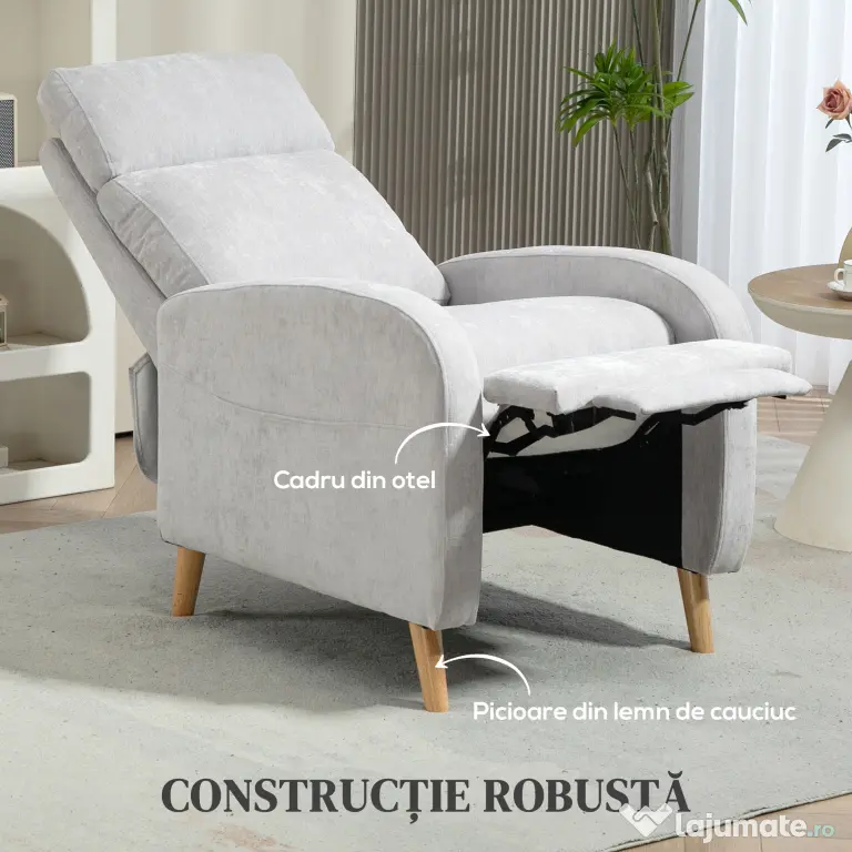 HOMCOM Fotoliu Reglabil Manual cu Suport pentru Picioare, Brațe Curbate și Picioare din Lemn, 68x90x106 cm, Gri Deschis | Aosom Romania