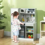 AIYAPLAY Set de Bucătărie de Jucărie din Lemn cu Aragaz cu Lumini și Sunete, Chiuvetă cu Circulație a Apei și Accesorii, Alb | Aosom Romania 
