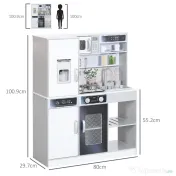 AIYAPLAY Set de Bucătărie de Jucărie din Lemn cu Aragaz cu Lumini și Sunete, Chiuvetă cu Circulație a Apei și Accesorii, Alb | Aosom Romania 