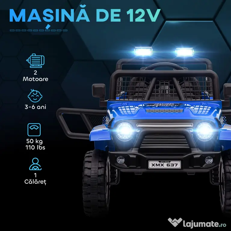 AIYAPLAY Mașină Offroad pentru Copii 3-6 Ani 12V cu Telecomandă Albastru | Aosom Romania