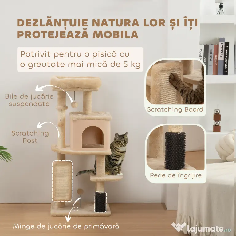 PawHut Arborele pentru pisici înălțime 104cm cu căsuță, pat, stâlp de zgâriat și perie Bej | Aosom Romania