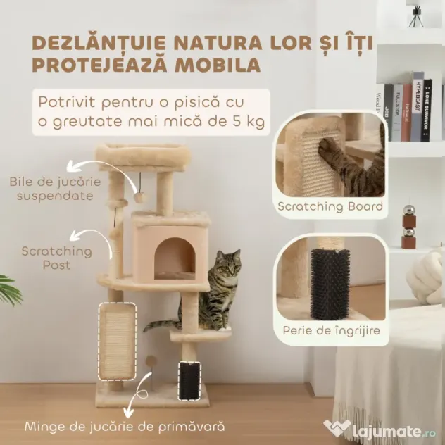 PawHut Arborele pentru pisici înălțime 104cm cu căsuță, pat, stâlp de zgâriat și perie Bej | Aosom Romania