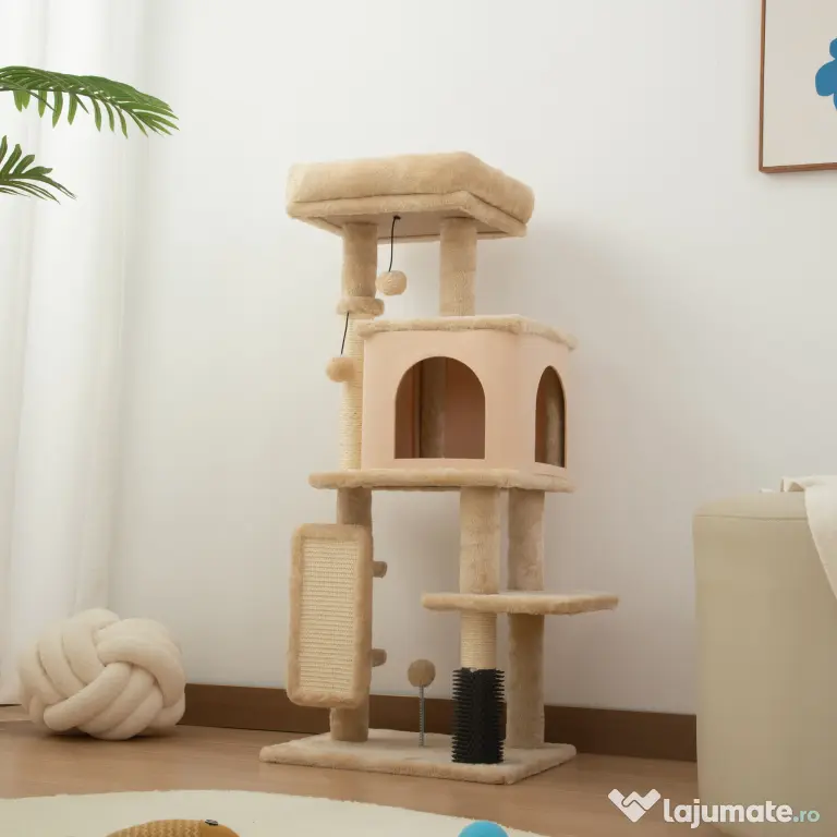 PawHut Arborele pentru pisici înălțime 104cm cu căsuță, pat, stâlp de zgâriat și perie Bej | Aosom Romania