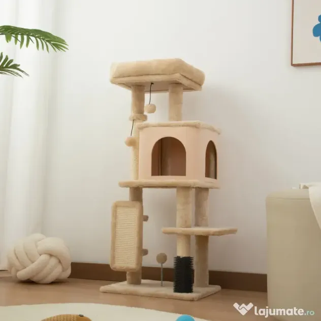 PawHut Arborele pentru pisici înălțime 104cm cu căsuță, pat, stâlp de zgâriat și perie Bej | Aosom Romania