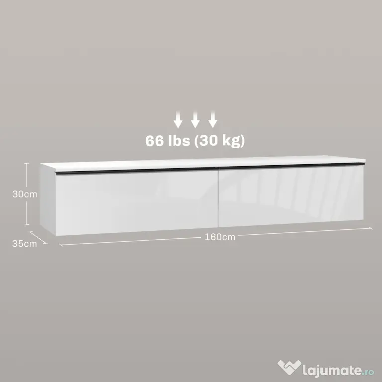 HOMCOM Dulap TV Suspendat cu 2 Dulapuri cu Uși Rabatabile, Alb Lucios | Aosom Romania