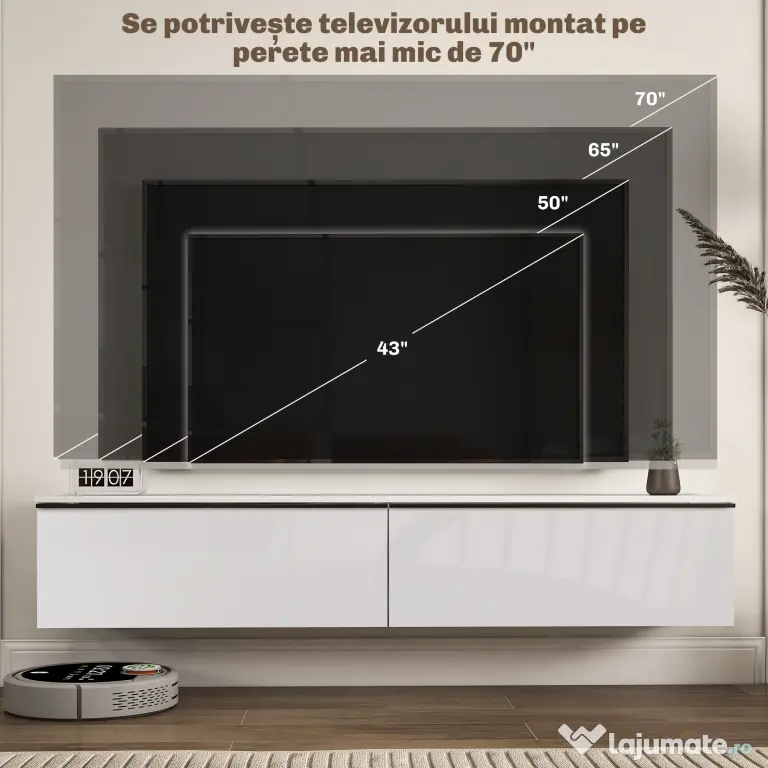 HOMCOM Dulap TV Suspendat cu 2 Dulapuri cu Uși Rabatabile, Alb Lucios | Aosom Romania