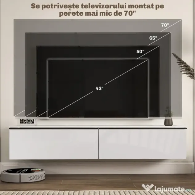 HOMCOM Dulap TV Suspendat cu 2 Dulapuri cu Uși Rabatabile, Alb Lucios | Aosom Romania