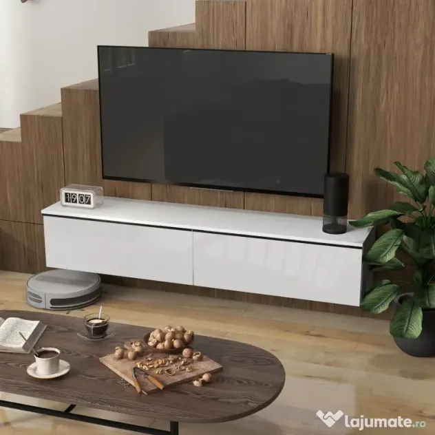 HOMCOM Dulap TV Suspendat cu 2 Dulapuri cu Uși Rabatabile, Alb Lucios | Aosom Romania