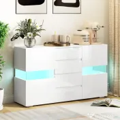 HOMCOM Bufet cu Lumini LED Reglabile prin Telecomandă, Mobilier de Sufragerie cu 4 Sertare și 2 Dulapuri, 120x34x70 cm, Alb | Aosom Romania 