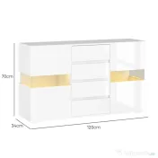 HOMCOM Bufet cu Lumini LED Reglabile prin Telecomandă, Mobilier de Sufragerie cu 4 Sertare și 2 Dulapuri, 120x34x70 cm, Alb | Aosom Romania 
