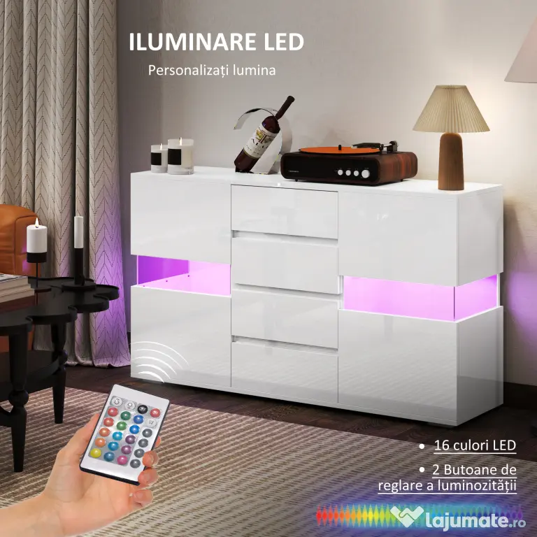 HOMCOM Bufet cu Lumini LED Reglabile prin Telecomandă, Mobilier de Sufragerie cu 4 Sertare și 2 Dulapuri, 120x34x70 cm, Alb | Aosom Romania