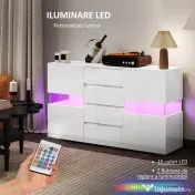 HOMCOM Bufet cu Lumini LED Reglabile prin Telecomandă, Mobilier de Sufragerie cu 4 Sertare și 2 Dulapuri, 120x34x70 cm, Alb | Aosom Romania 