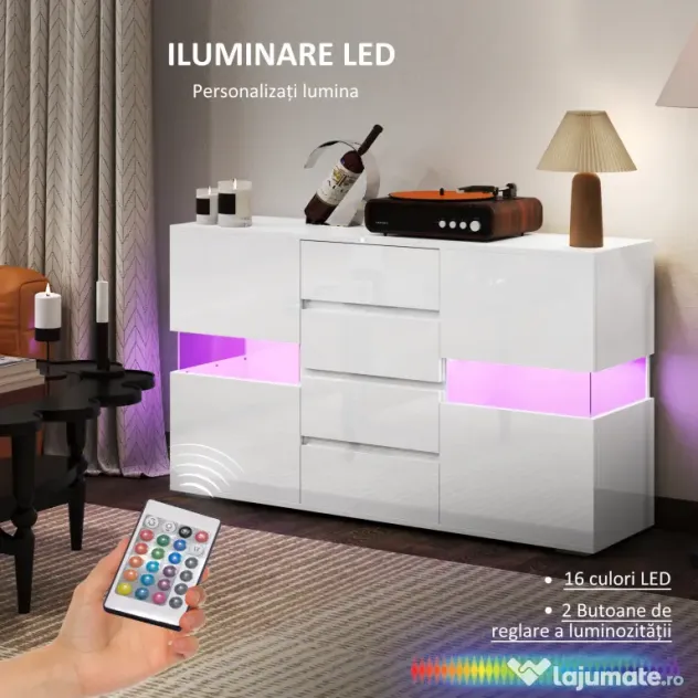 HOMCOM Bufet cu Lumini LED Reglabile prin Telecomandă, Mobilier de Sufragerie cu 4 Sertare și 2 Dulapuri, 120x34x70 cm, Alb | Aosom Romania