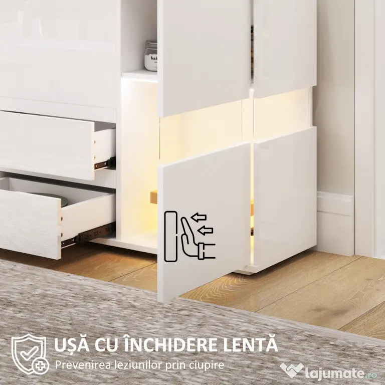 HOMCOM Bufet cu Lumini LED Reglabile prin Telecomandă, Mobilier de Sufragerie cu 4 Sertare și 2 Dulapuri, 120x34x70 cm, Alb | Aosom Romania