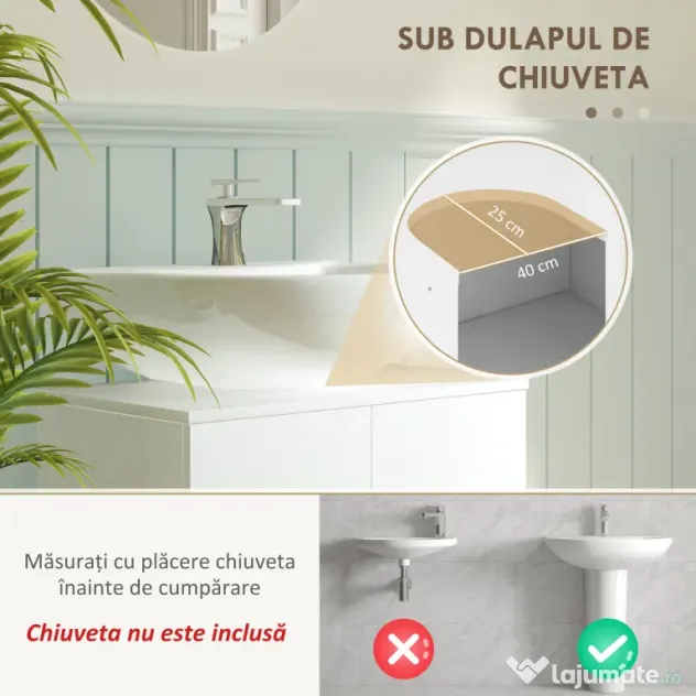 HOMCOM Dulap Baie Sub Chiuvetă, cu 2 Uși, Raft Central, Mâner și Picioare Antiderapante, 60x35x60 cm, Alb Lucios | Aosom Romania