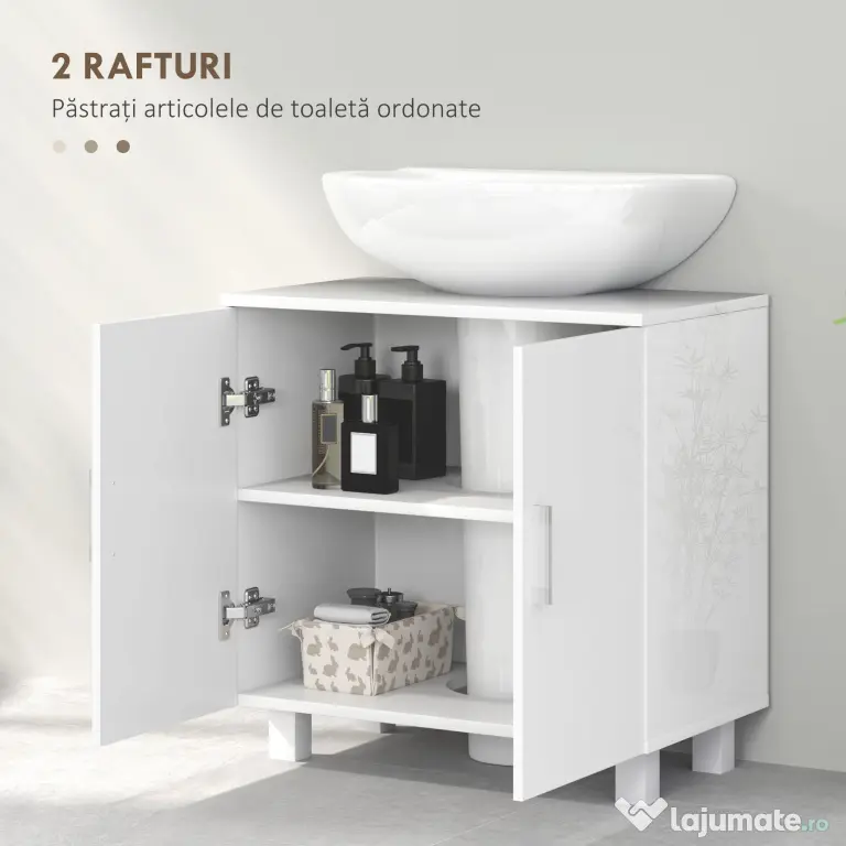 HOMCOM Dulap Baie Sub Chiuvetă, cu 2 Uși, Raft Central, Mâner și Picioare Antiderapante, 60x35x60 cm, Alb Lucios | Aosom Romania