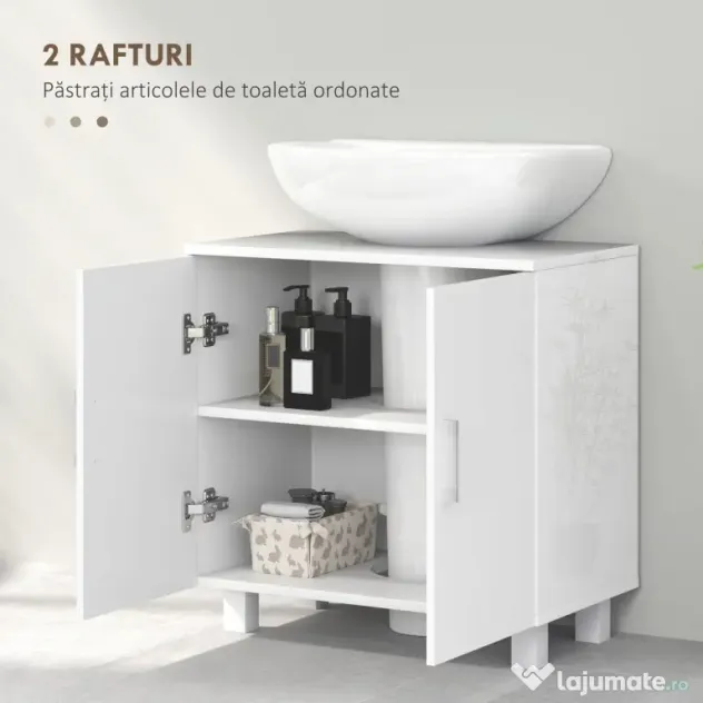 HOMCOM Dulap Baie Sub Chiuvetă, cu 2 Uși, Raft Central, Mâner și Picioare Antiderapante, 60x35x60 cm, Alb Lucios | Aosom Romania