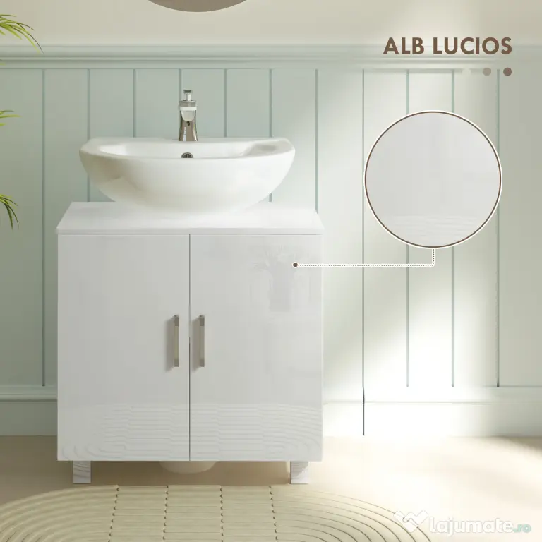 HOMCOM Dulap Baie Sub Chiuvetă, cu 2 Uși, Raft Central, Mâner și Picioare Antiderapante, 60x35x60 cm, Alb Lucios | Aosom Romania