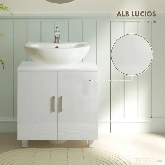 HOMCOM Dulap Baie Sub Chiuvetă, cu 2 Uși, Raft Central, Mâner și Picioare Antiderapante, 60x35x60 cm, Alb Lucios | Aosom Romania