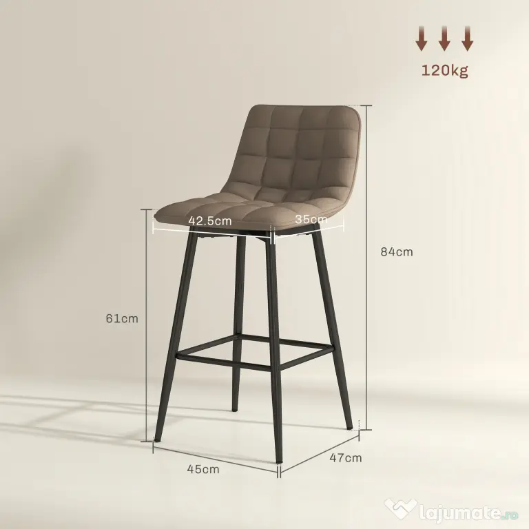 HOMCOM Scaune de bar nordic 84 cm maro din catifea si metal | Aosom Romania