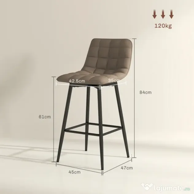 HOMCOM Scaune de bar nordic 84 cm maro din catifea si metal | Aosom Romania